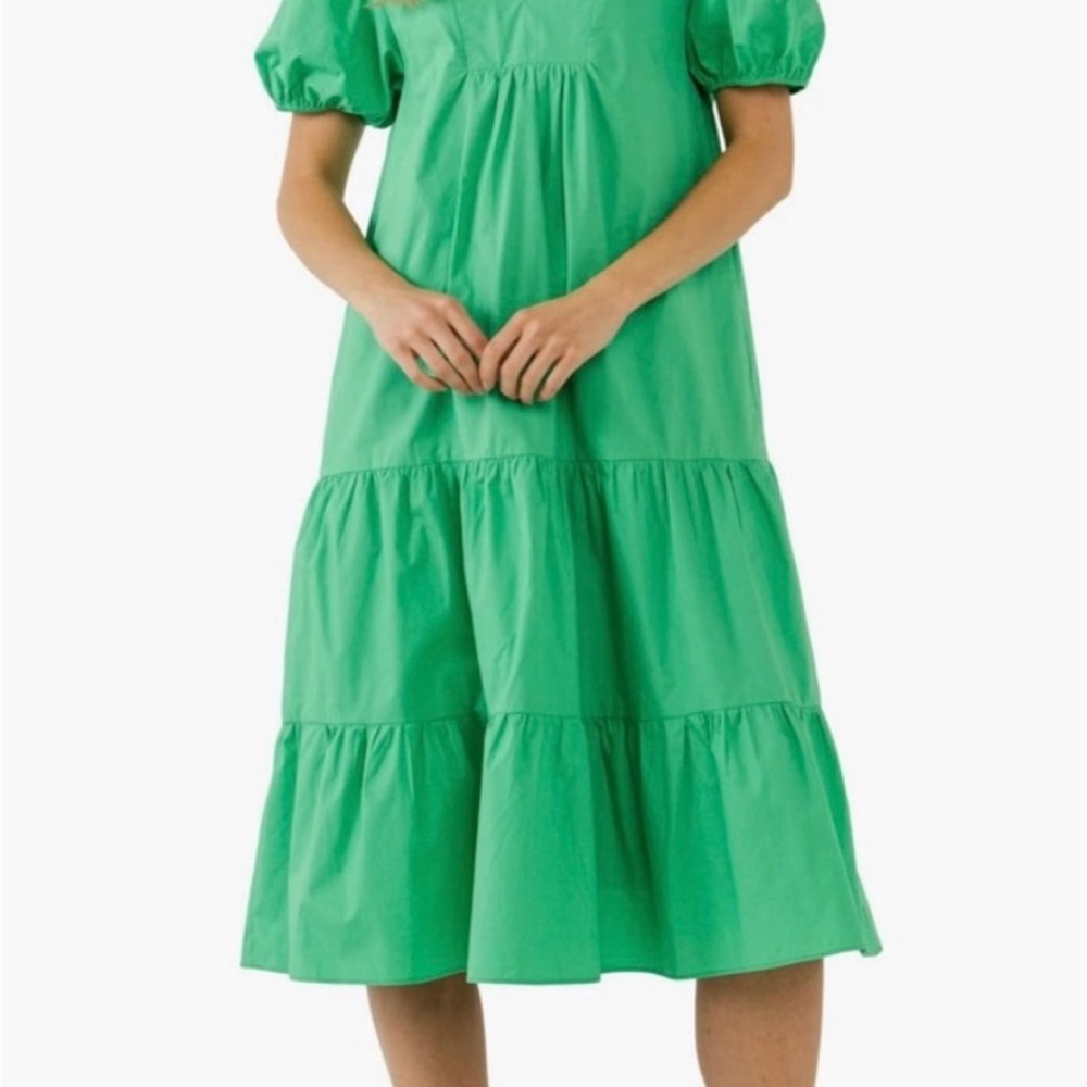 English Factory Green Puff Sleeve Midi Dress